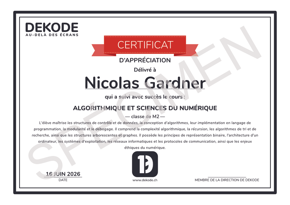 Spécimen d'un certificat délivré par DEKODE.